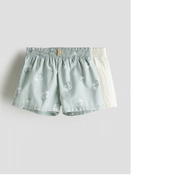 H&M 2-pack Smocked-waist Shorts Light dusty green floral Cream Baby 9-12M - Picture 1 of 7